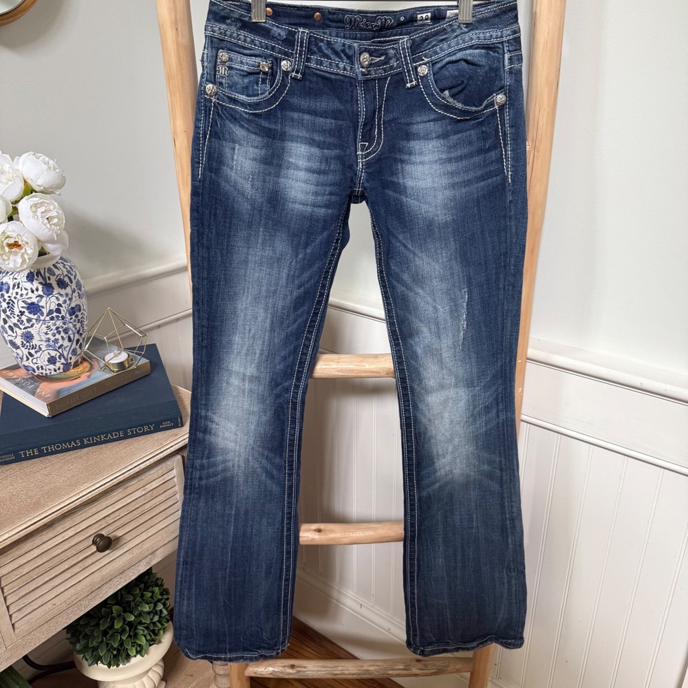 Miss Me Womens Bootcut Jeans Dark Wash Embellished Flap Pocket‎ Size 28